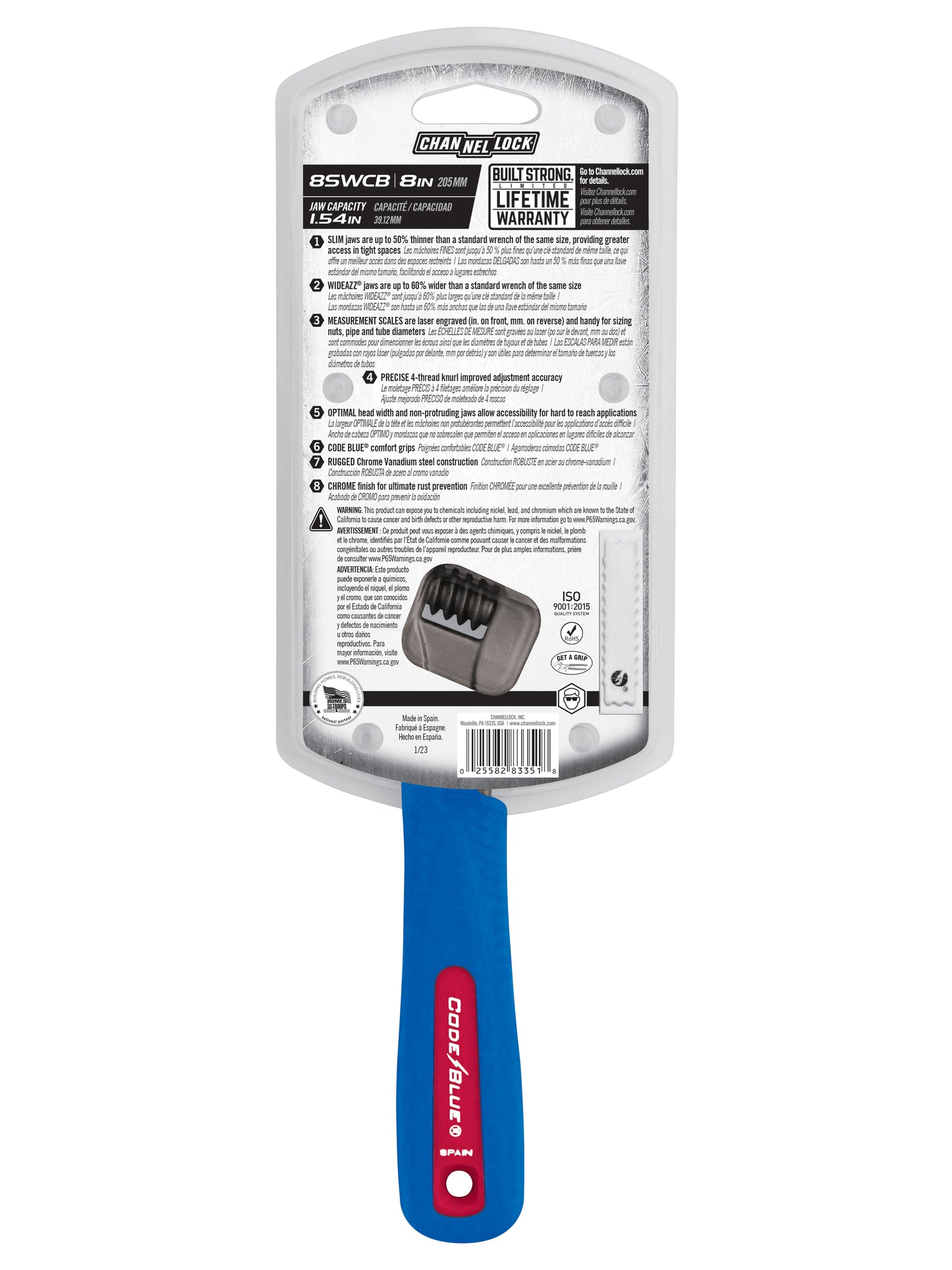 8-inch CODE BLUE® WideAzz® Slim Jaw Adjustable Wrench (8SWCB)