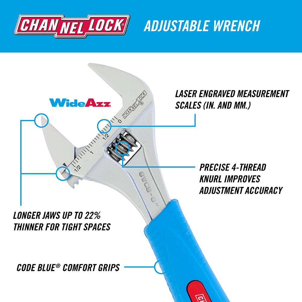 8-inch CODE BLUE® WideAzz® Adjustable Wrench (8WCB)
