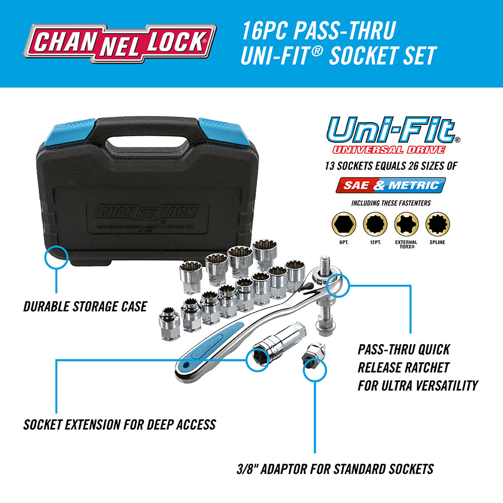 16pc Pass-Thru Uni-Fit Socket Set (39100) – CHANNELLOCK®