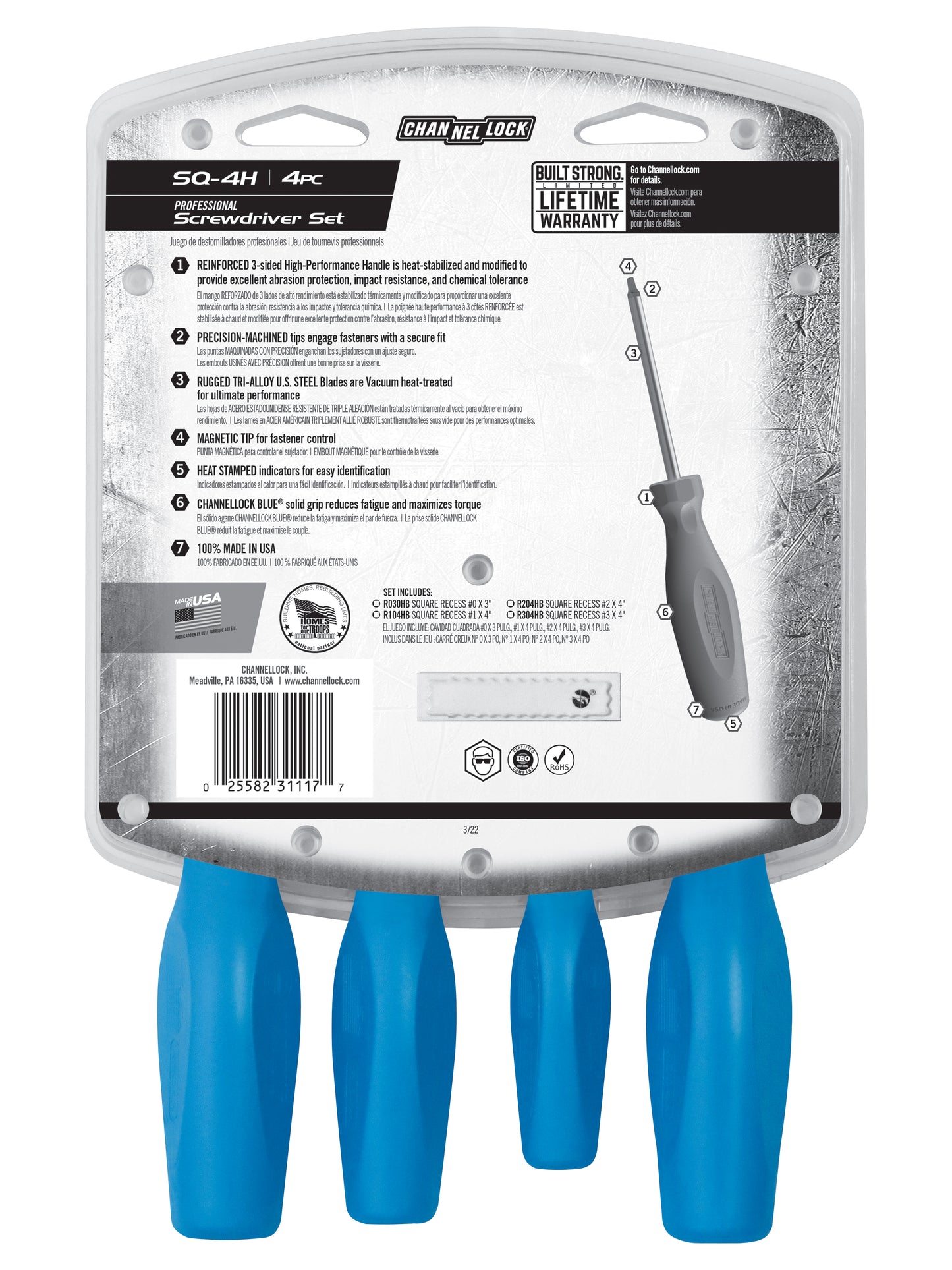 CHANNELLOCK SQ-4H 4-Piece Square Recess Screwdriver Set – Magnetic Tip, Tri-Lobe Grip, Made In USA