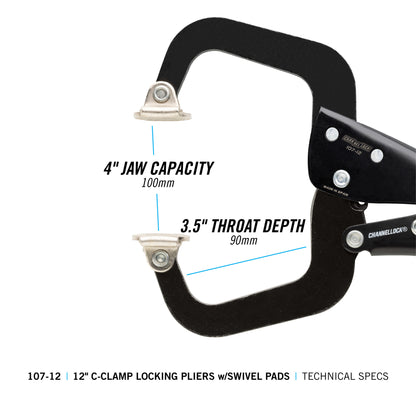 12-inch C-Clamp Locking Pliers w/ Swivel Pads (107-12)