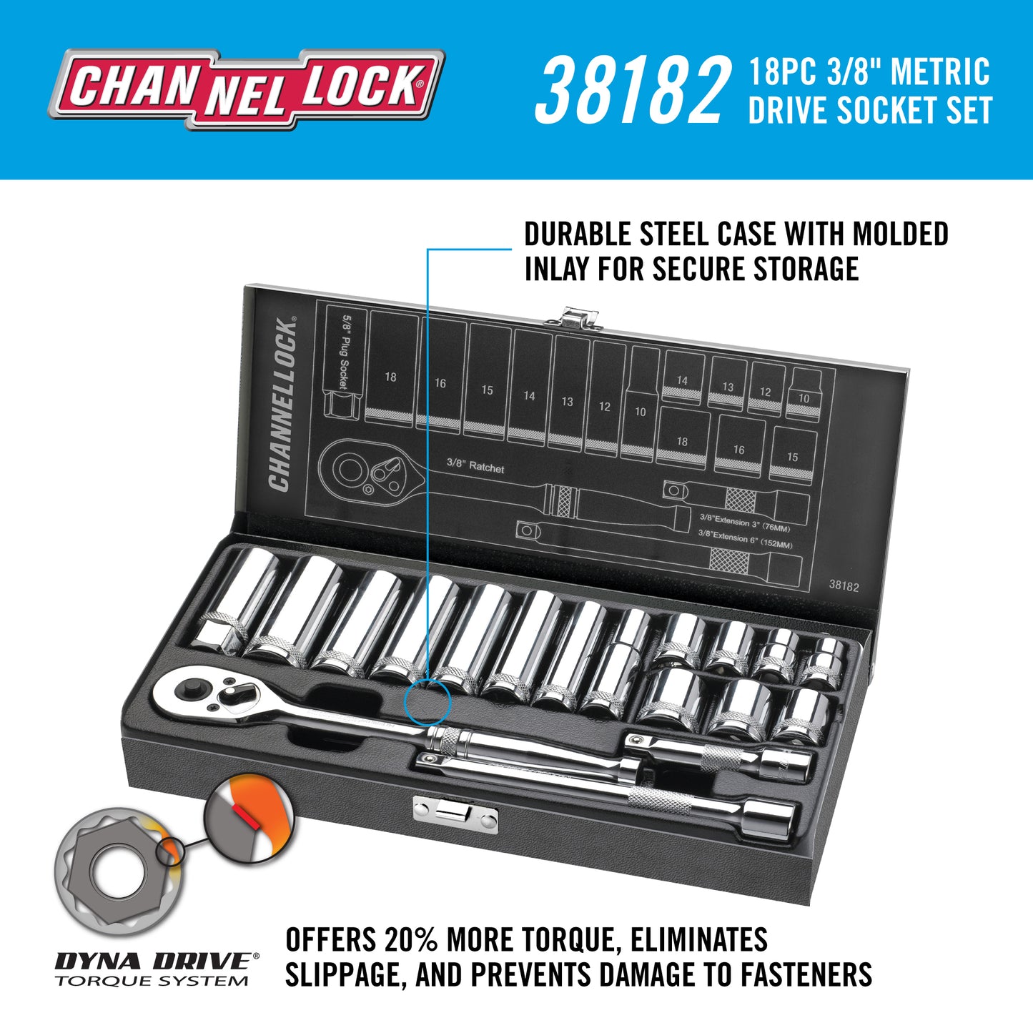 18pc 3/8" Metric Drive Socket Set (38182)