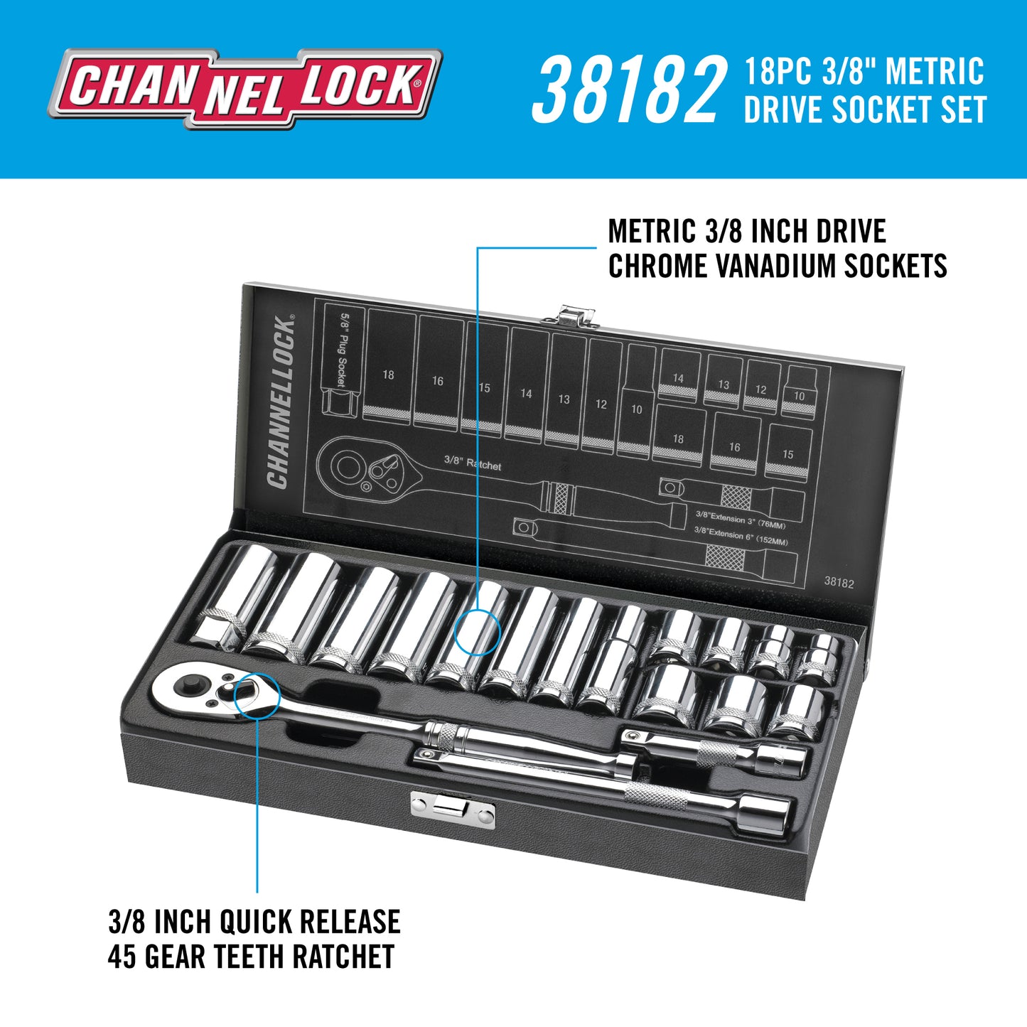 18pc 3/8" Metric Drive Socket Set (38182)
